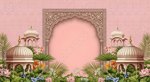 Indian wedding invitation background template with floral and palace elements design for card creation