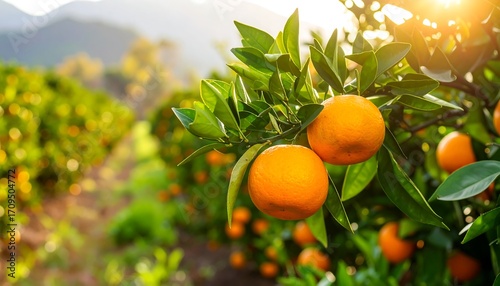 Ripe oranges on a tree in an orchard