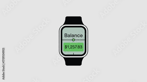 A smartwatch displaying a balance of one thousand two hundred fifty seven dollars and eighty three cents