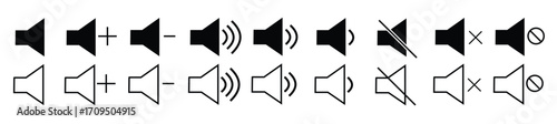 Mute and No Sound Icons Set – Audio Off, Volume Control, and Microphone Symbol Vector Illustration”