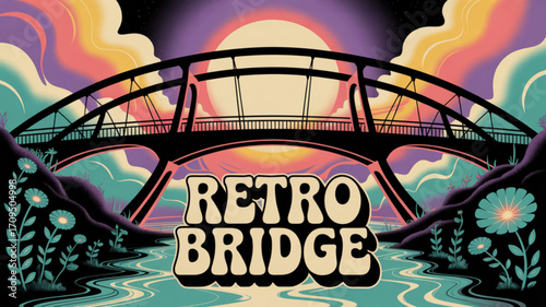Retro bridge illustration with sunset sky landscape and river flowing design scenic artwork vector image