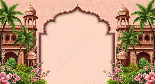 Vintage indian palace with floral garden and archway background for wedding invitation and banner design
