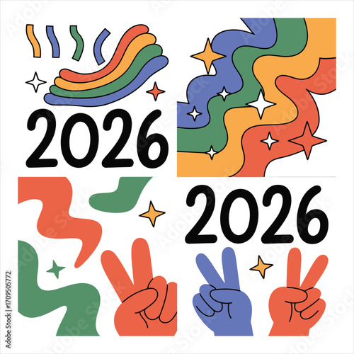 Vibrant 2026 Illustration with Colorful Designs and Peace Signs