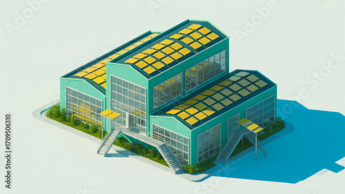 Isometric solar panel building design for sustainable energy and eco friendly architecture concept illustration