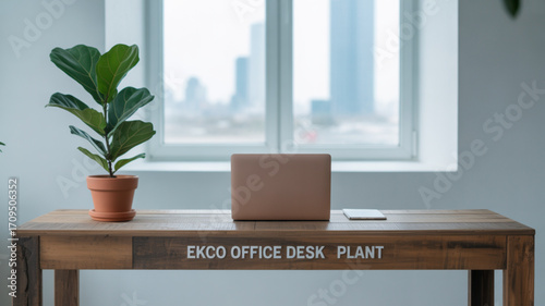 Ekco office desk with fiddle leaf fig plant and laptop for home office setup and workspace inspiration