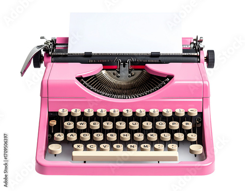 Vintage Pink Typewriter with Blank Sheet of Paper, Front View, Isolated