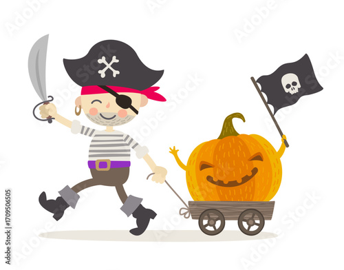 Pirate Boy Pulling a Smiling Pumpkin in Wagon. Halloween Vector Illustration With Cartoon Character.