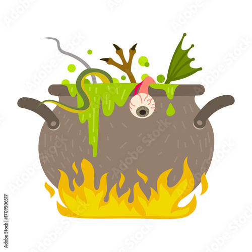 Witchs Cauldron with Bubbling Potion and Creepy Ingredients. Vector Illustration.