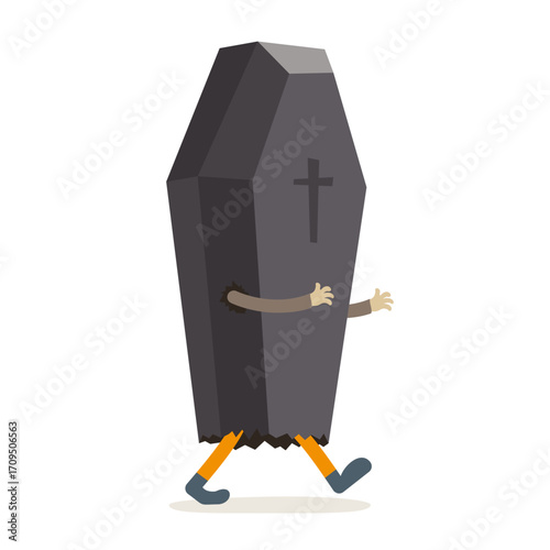 Walking Coffin Cartoon Character with Legs and Arms. Halloween Vector Illustration.