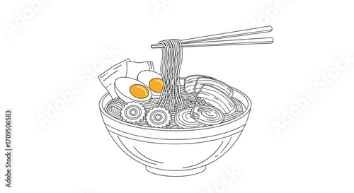 Delicious bowl of savory noodles with two perfectly cooked eggs and chopsticks holding a generous portion.