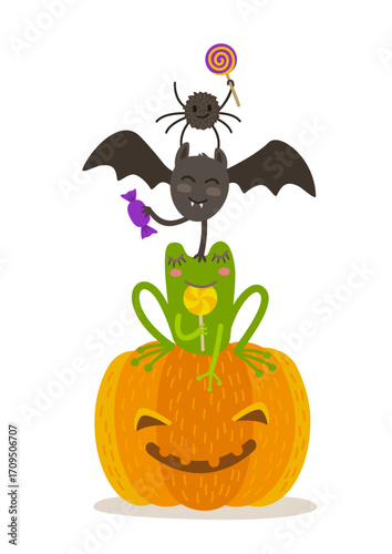 Halloween Fun with Frog, Bat, Spider, and Pumpkin. Vector Illustration.