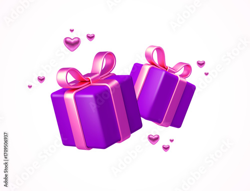 Gift boxes isolated on white. 3d purple gift boxes with pink ribbon, bow and hearts. Birthday or Valentines day celebration concept. Vector illustration.