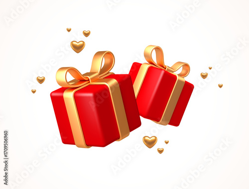 Gift boxes isolated on white. 3d red gift boxes with golden ribbon, bow and hearts. Birthday or Valentines day celebration concept. Vector illustration.