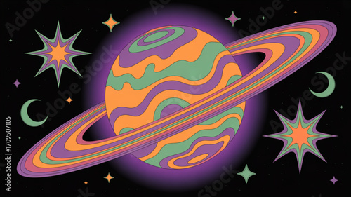 Retro psychedelic planet illustration with stars and moon in a groovy vintage space design style art
