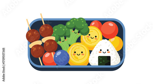 A cute bento box filled with delicious food including meatballs broccoli tamagoyaki and onigiri.