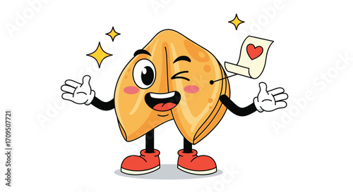 A happy fortune cookie winks with excitement and offers a wish for love.