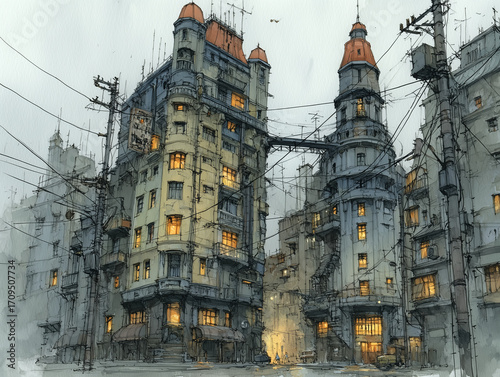 Atmospheric illustration of a dense, old-world city with illuminated buildings connected by a skybridge under a foggy sky