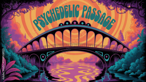 Psychedelic art bridge over water landscape fantasy trippy colors surreal passage illustration design art