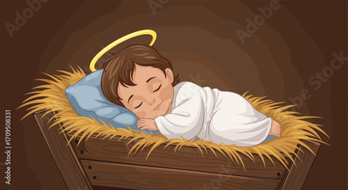 A newborn baby sleeping peacefully in a manger with a golden halo above his head.
