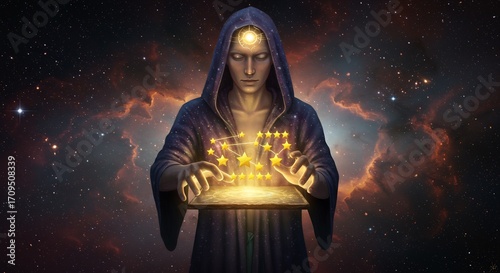 Mystical Figure Holding Glowing Constellation over Illuminated Tablet Against a Cosmic Nebula Background