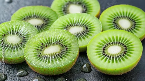 Vibrant Green Fresh Kiwi Slices Perfect for Healthy Snacks with Water Droplets on Dark Surface