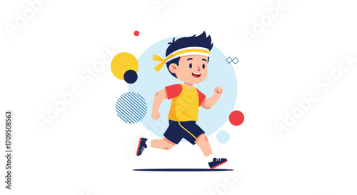 Active young boy with headband running outdoors with abstract shapes in the background.