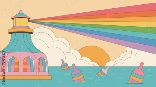 Seascape lighthouse rainbow light beam vector illustration coastal scene nautical design marine art graphic 100