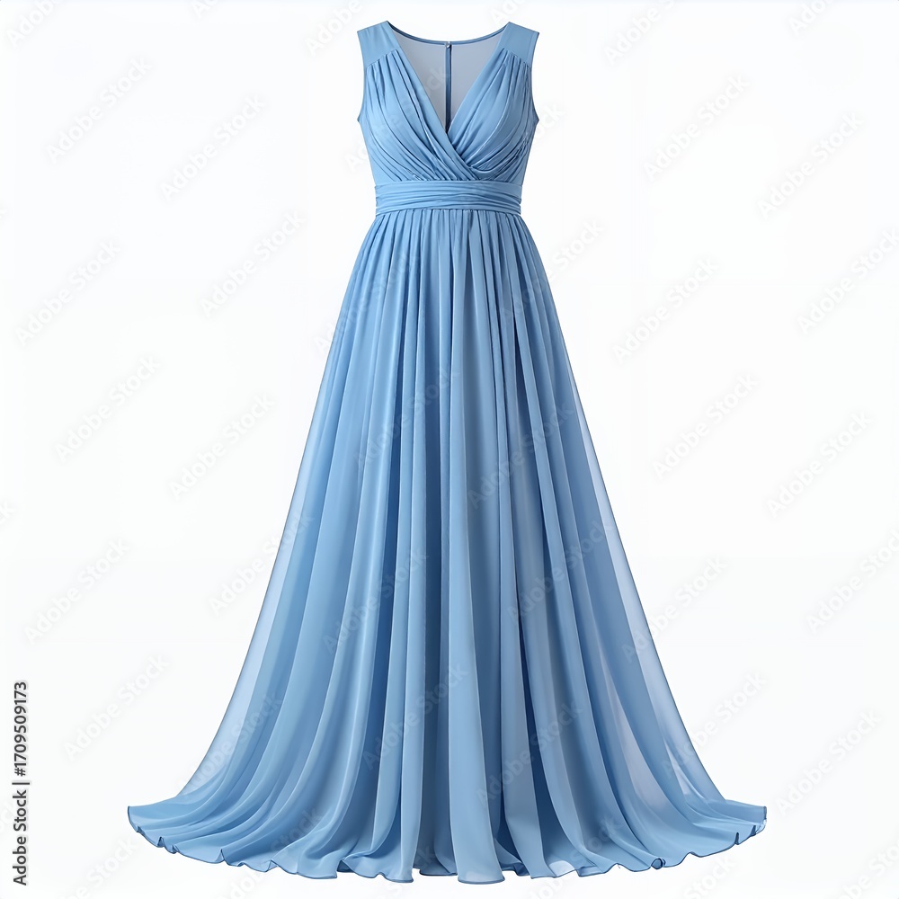 Obraz premium Elegant, light blue chiffon gown with V-neckline isolated on a stark white backdrop