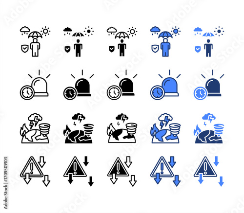 Protection, Notification, Natural Disaster, Reduction, multiple style icon set.