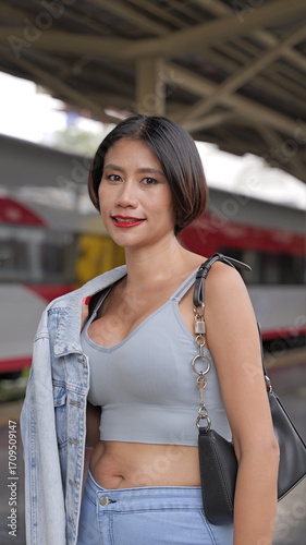Young woman in casual outfit standing on a train platform captured in a candid moment with makeup and confidently looking at the camera