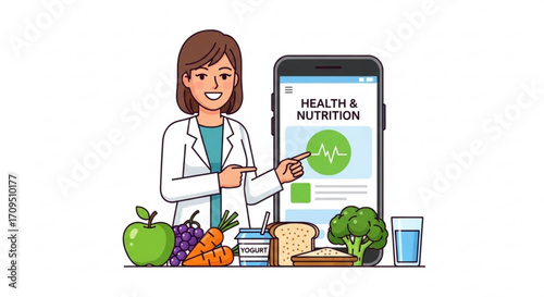Cartoon nutritionist pointing at health and nutrition app with healthy food around her on a white background created with generated ai