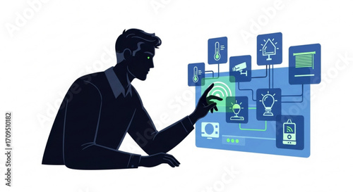 Man interacting with a smart home interface controlling lights temperature and security systems displayed created with generated ai