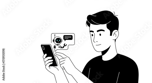 Man interacting with a chatbot on his smartphone in a black and white cartoon style illustration created with generated ai