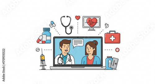 Online doctor consultation with patient on laptop screen surrounded by medical equipment icons and symbols created with generated ai
