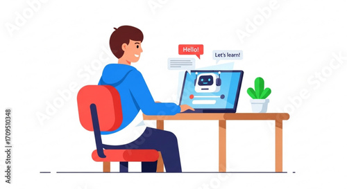 A person interacting with a chatbot on a laptop while sitting at a desk in a bright room setting created with generated ai