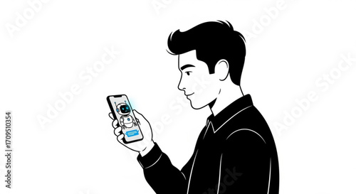 Man looking at a phone with a robot assistant on the screen in a black and white illustration style image created with generated ai