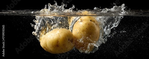 Two raw potatoes dramatically splash into clear water creating a dynamic cascade of droplets against a dark isolated background