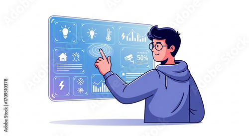 Man interacting with a smart home interface displaying various control options and monitoring information created with generated ai