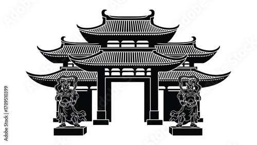Traditional Asian Pagoda Gate with Guardian Statues - Black and White Illustration