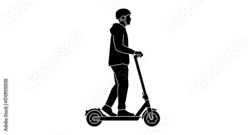 Silhouette of a person wearing a helmet riding an electric scooter on a white background in a vector image created with generated ai