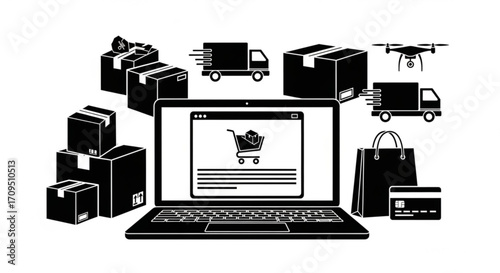 Online shopping concept showing laptop, boxes, trucks, drone, bag, and credit card icons all in black created with generated ai