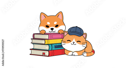 A curious shiba inu and a sleepy cat enjoy a pile of colorful books.
