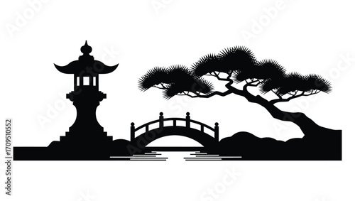 Serene Japanese Garden Silhouette Featuring a Traditional Stone Lantern, Arched Bridge, and Stylized Pine Tree