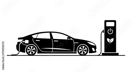 Black electric car charging at a station with a power symbol and leaves icon, side view, isolated on white created with generated ai