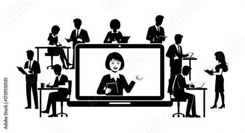Silhouette illustration of a virtual meeting with a presenter on a laptop and attendees around created with generated ai