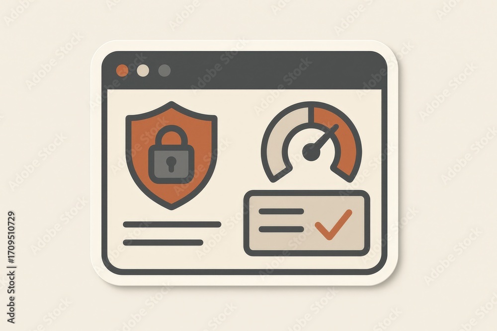 Fototapeta premium Digital security interface showcasing shield icon alongside performance gauge and verification check mark illustrating concepts of software protection and system integrity assurance for enhanced