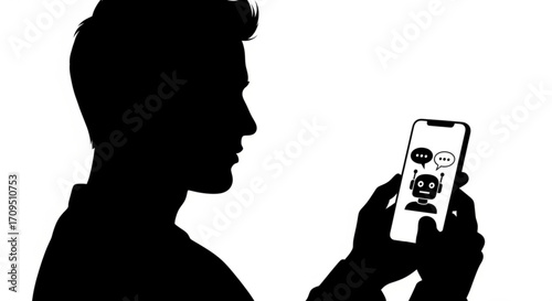 Silhouette of a person holding a smartphone displaying a chatbot interface on the screen app with messages created with generated ai