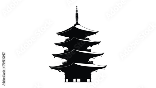 Traditional Japanese five-story pagoda tower silhouette, Asian Buddhist temple architecture icon isolated on white background