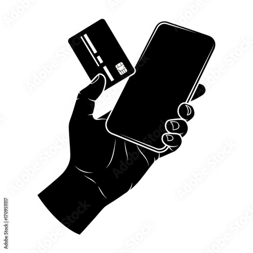 A black and white image of a hand holding a smartphone and a credit card for online transactions created with generated ai