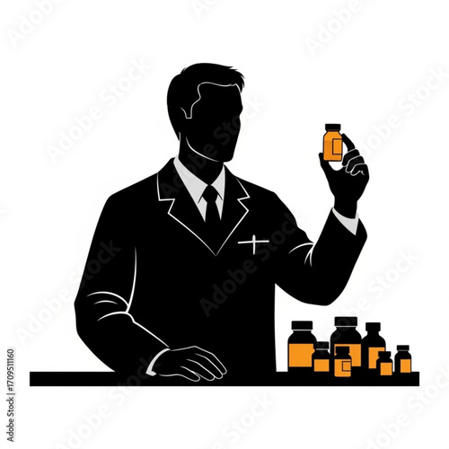 Silhouette of a pharmacist holding a medicine bottle with other bottles on a surface in black and orange created with generated ai